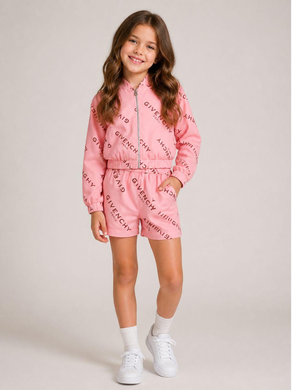 Completo felpa e shorts per bambina Givenchy Kids rosa con stampa logo all-over H31553 46G GIVENCHY KIDS 