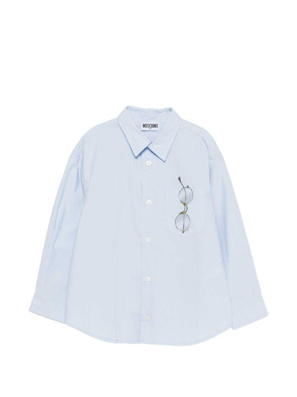 Camicia per bambino Moschino Kids azzurra con stampa grafica occhiali HUC01YLLA10 40213 MOSCHINO KIDS 
