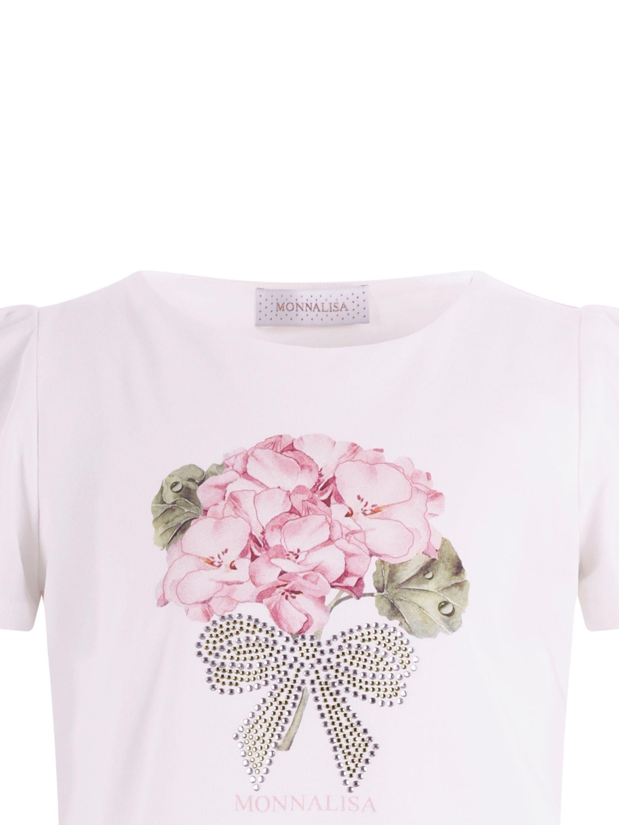 T-shirt per bambina Monnalisa bianca con grafica a  fiori sul davanti 71G601 7201 0001 MONNALISA KIDS 