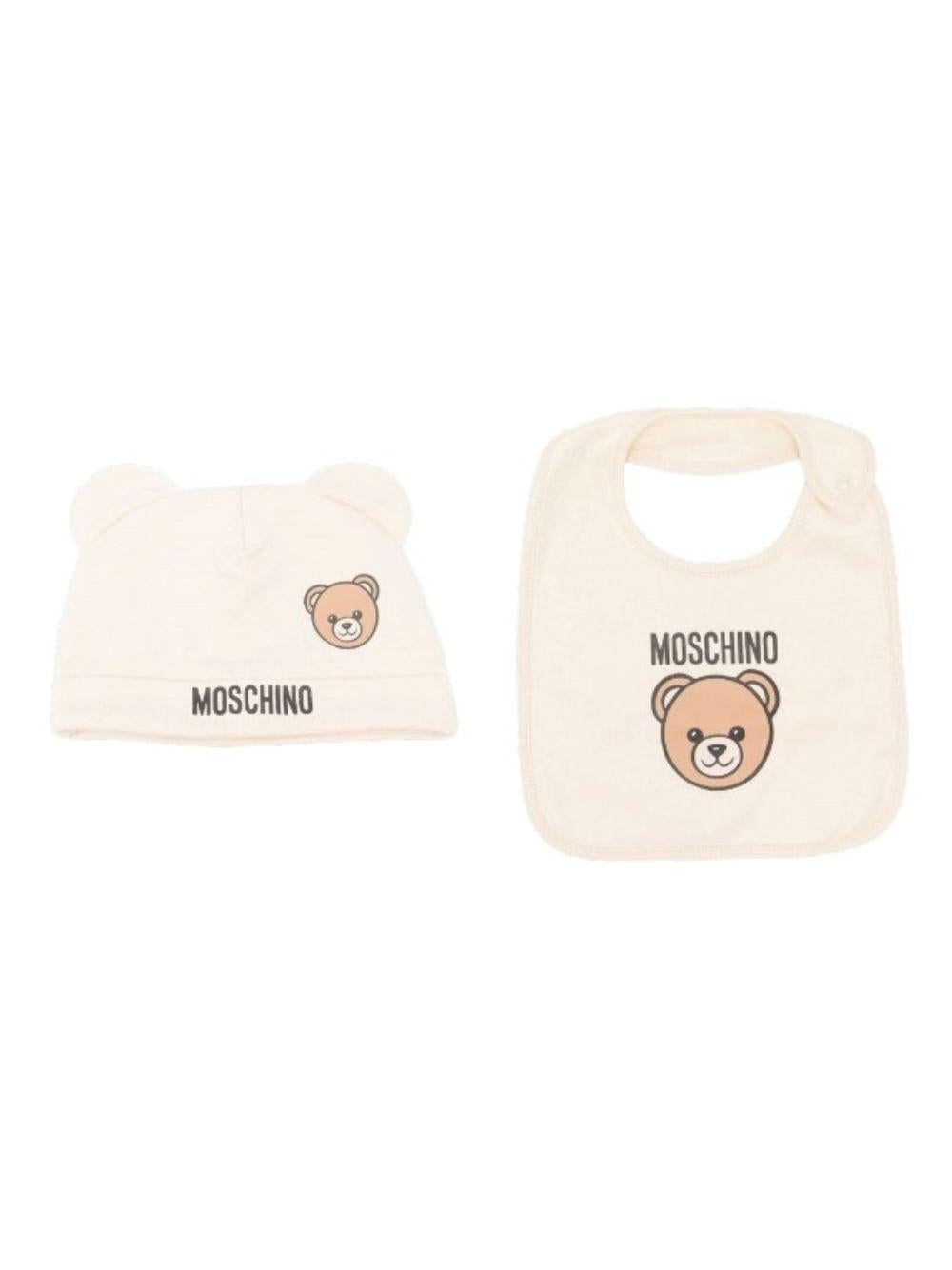Set berretto e bavaglino per neonati Moschino Kids beige con stampa Teddy Bear MUY099LCA19 20404 MOSCHINO KIDS 