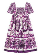 Abito per bambina Dolce & Gabbana Kids viola in popeline con stampa maioliche L54DH3 FI5JP HP5DQ DOLCE & GABBANA KIDS 