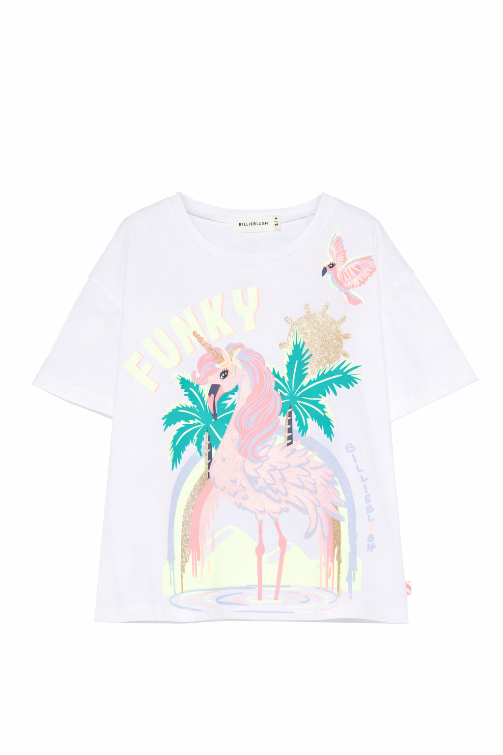 T-shirt per bambina Billieblush bianca con stampa fenicottero U21940 10P BILLIEBLUSH KIDS 