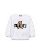 Maglione per neonati Moschino Kids bianca con logo ricamato sul davanti M8W00JLHE62 10101 MOSCHINO KIDS 