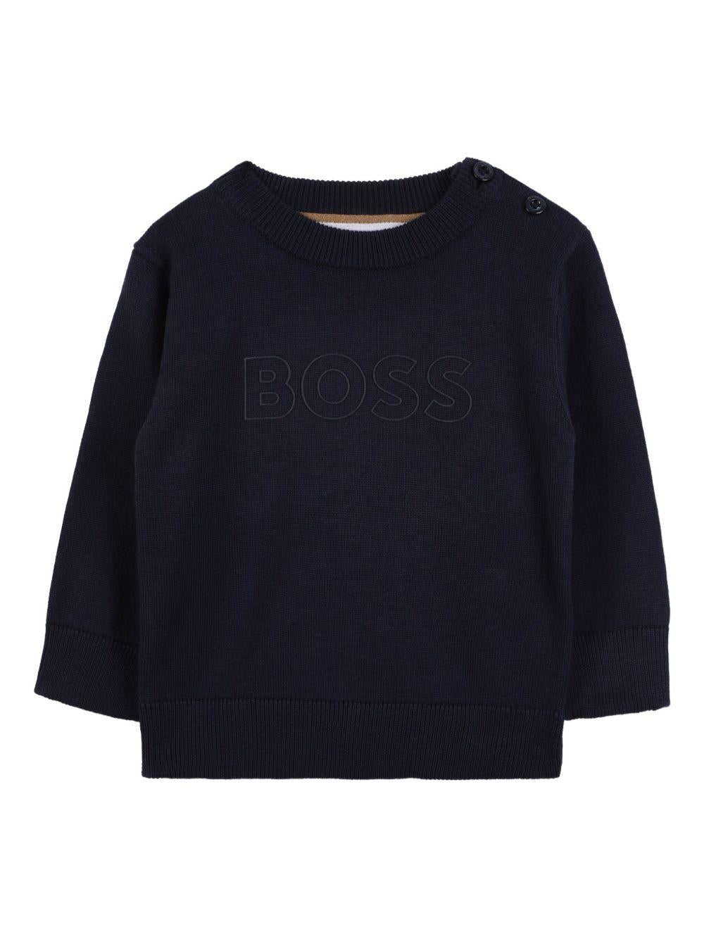 Maglione per neonato BOSS Kidswear blu girocollo con logo ricamato J52455 849 BOSS KIDS 