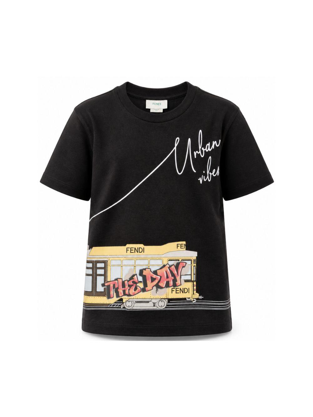 T-shirt per bambino Fendi Kids nera con stampa grafica JMI525 AVWL F0GME FENDI KIDS 