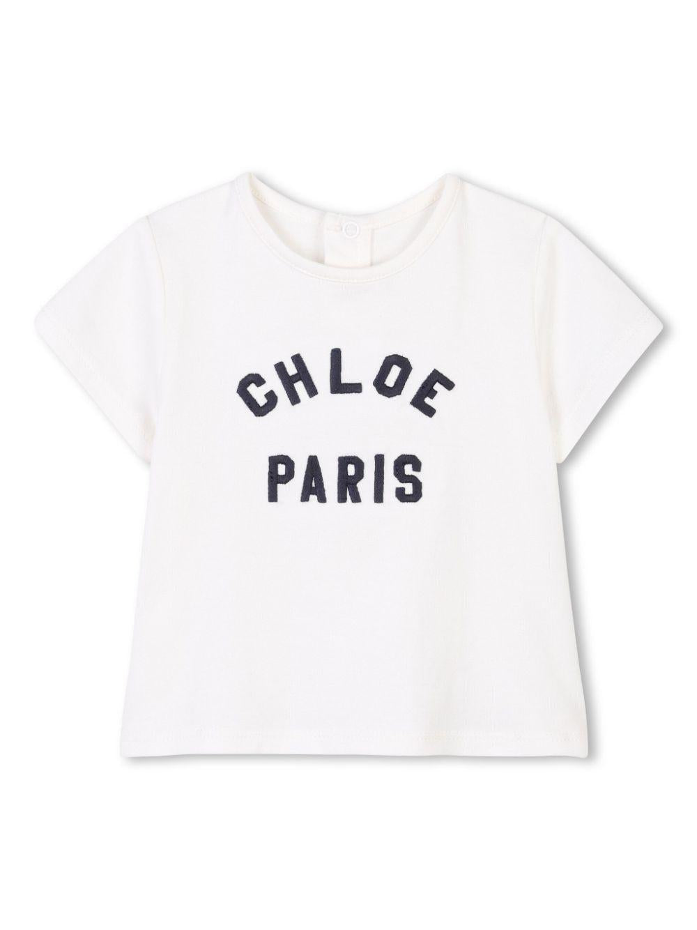 T-shirt per neonata Chloé Kids bianco con ricamo con logo frontale C20525 117 CHLOE' KIDS 