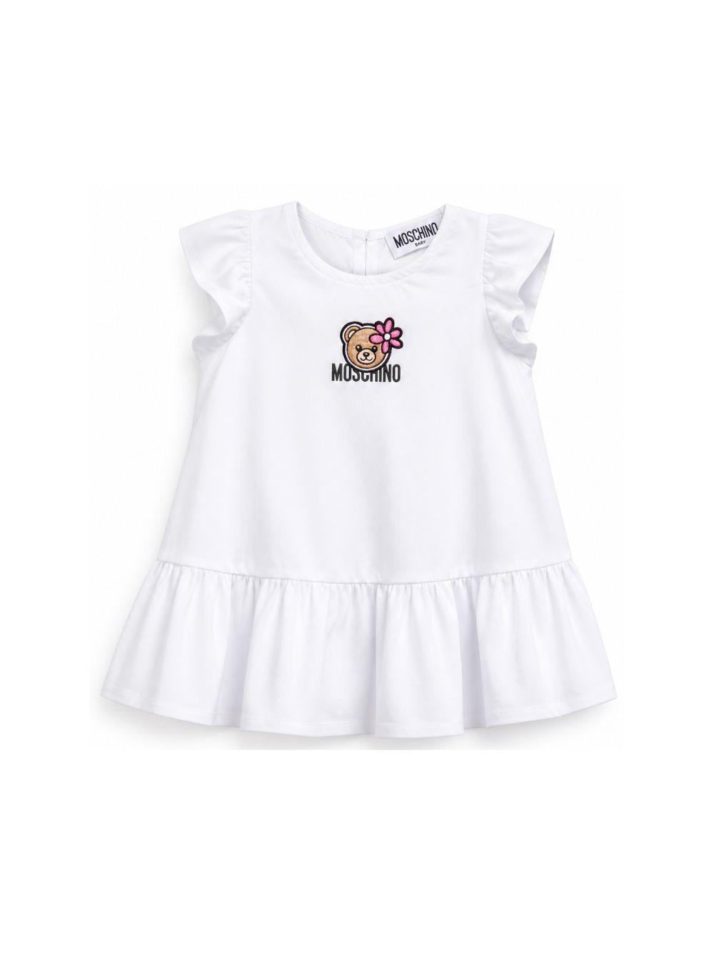 Abito per neonata Moschino Kids bianco con ricamo Teddy Bear sul davanti MDV0D6LLA10 10101 MOSCHINO KIDS 