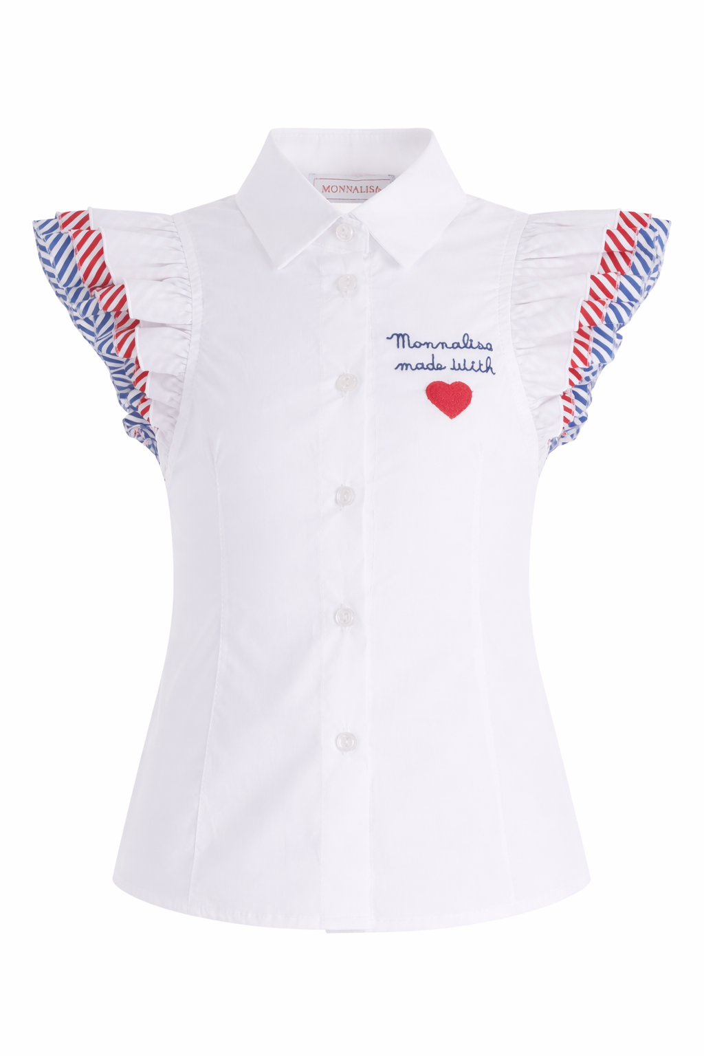 Camicia per bambina Monnalisa bianca con maniche a righe con ruches 11G300 7116 0099 MONNALISA 