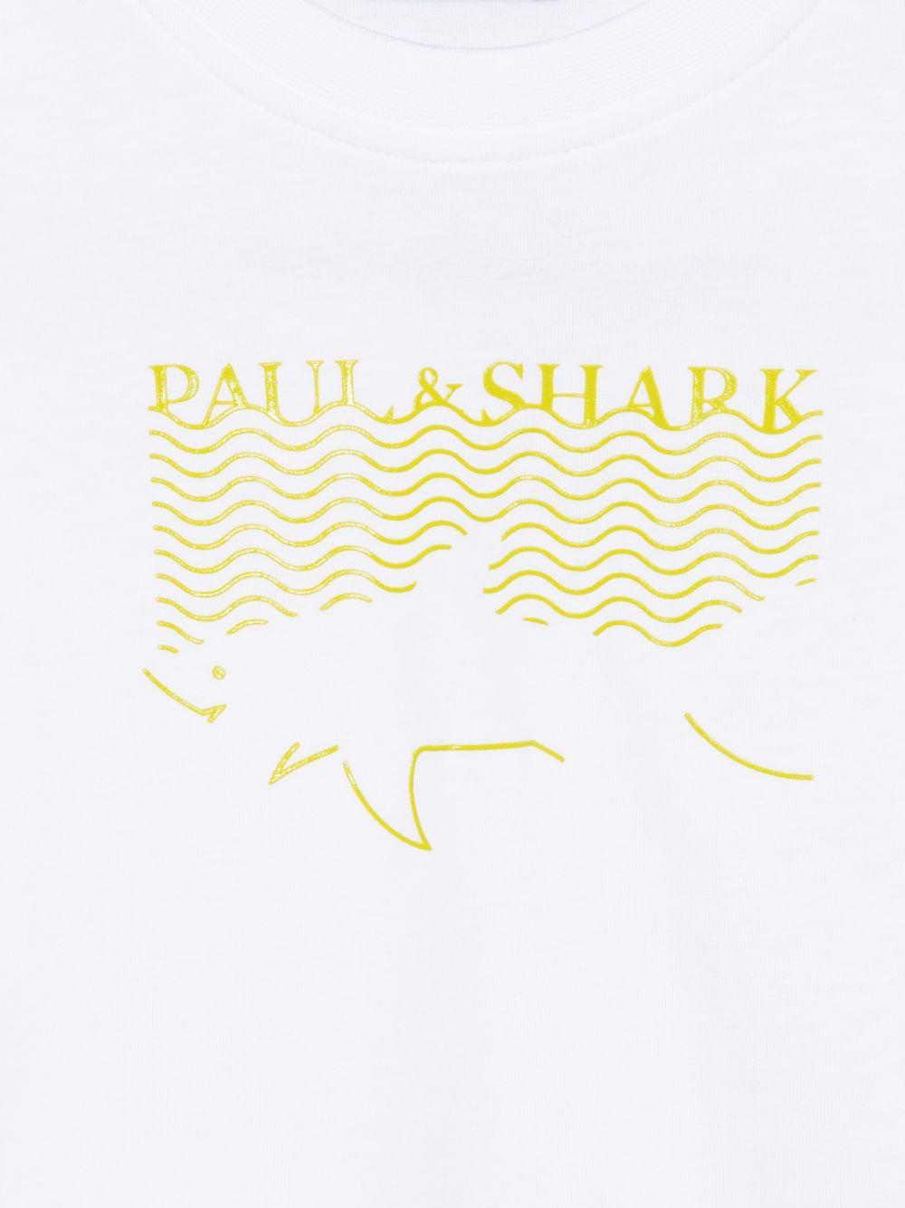 T-shirt per bambino Paul & Shark Kids bianca con stampa logo e squalo sul davanti WNM00HLAA53 10101 PAUL & SHARK KIDS 