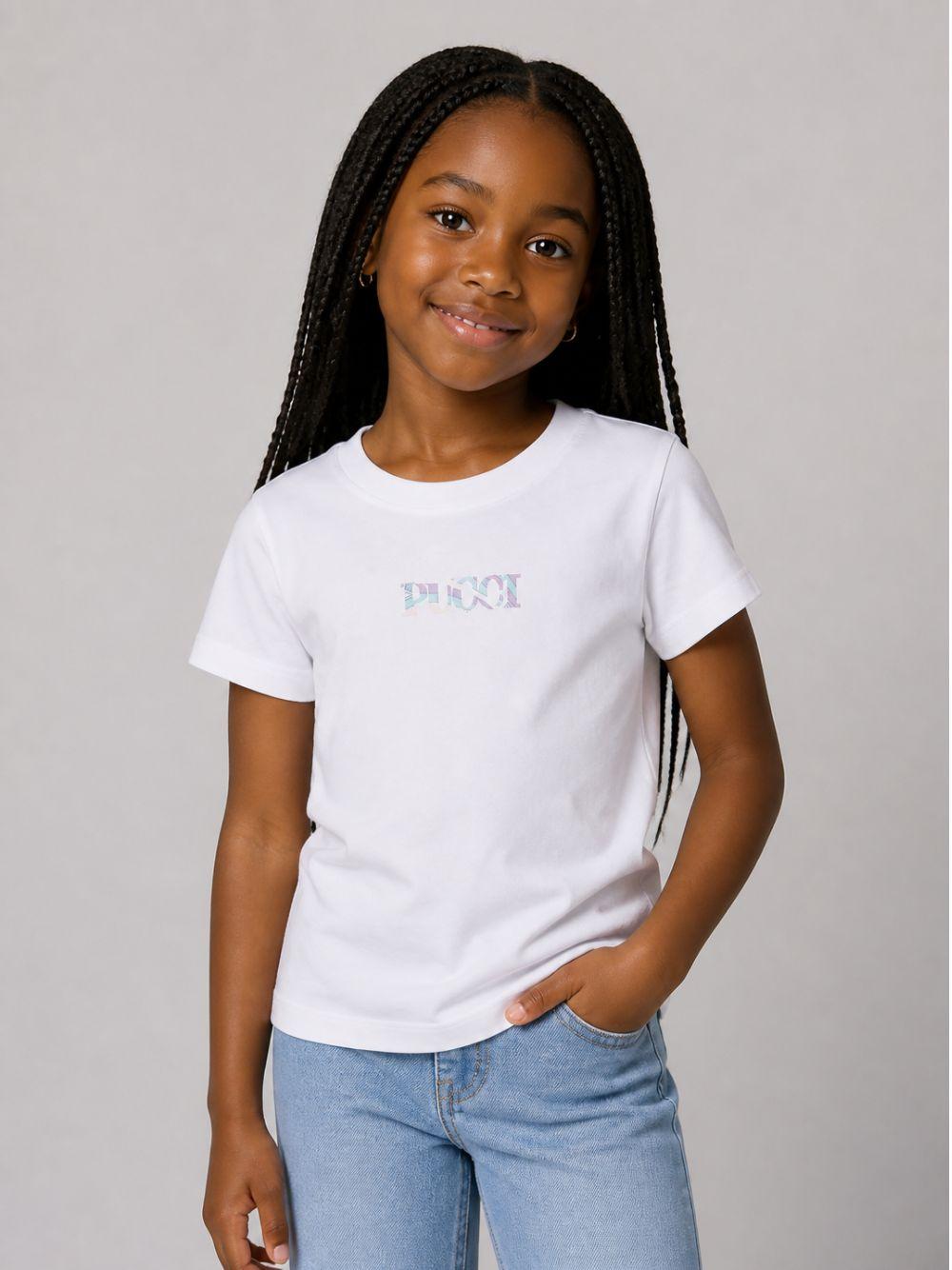 T-shirt per bambina Emilio Pucci Junior bianca con dettaglio logo con motivo Iride PZ8A21 Z3672 100 EMILIO PUCCI KIDS 