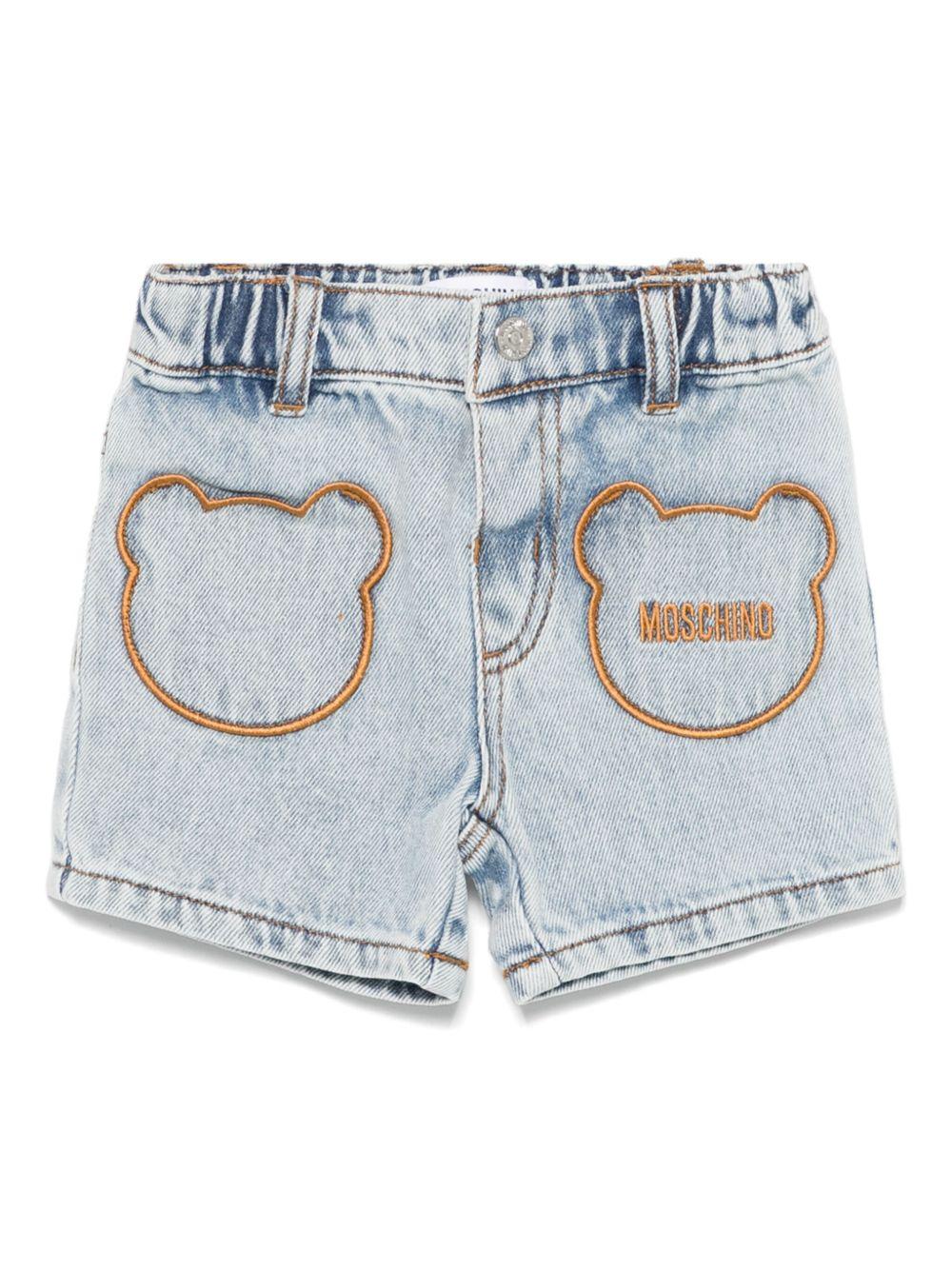 Pantaloncini con logo ricamato per neonata Moschino Kids azzurro con passanti per cintura MUQ017L0E08 40186 MOSCHINO KIDS 