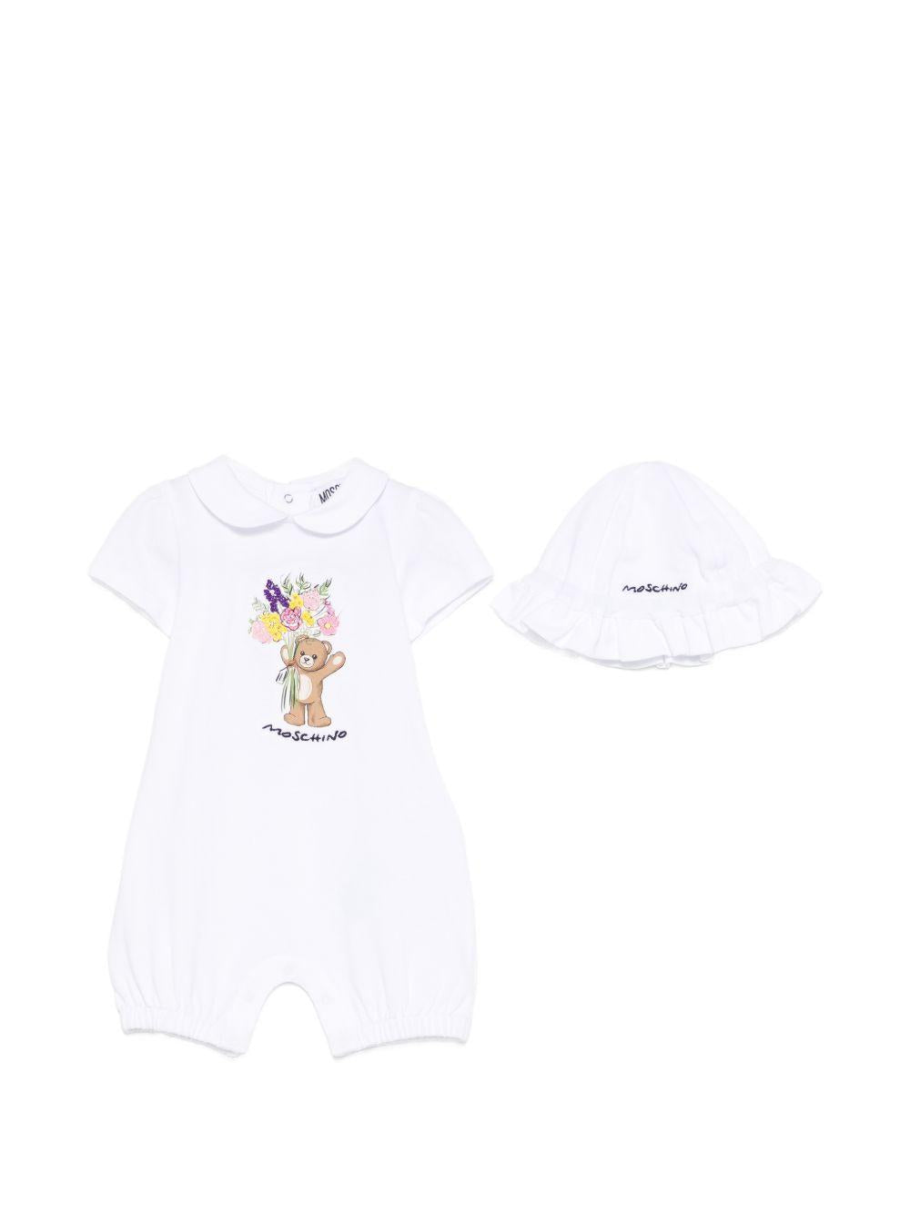 Tutina e cappellino per neonata Moschino Kids bianchi con stampa Bear MDY01BLFA06 10101 MOSCHINO KIDS 