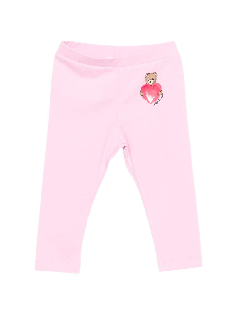 Leggins per neonata Moschino Kids rosa con dettaglio Teddy Bear con cuore MIP032LBA00 51473 MOSCHINO KIDS 