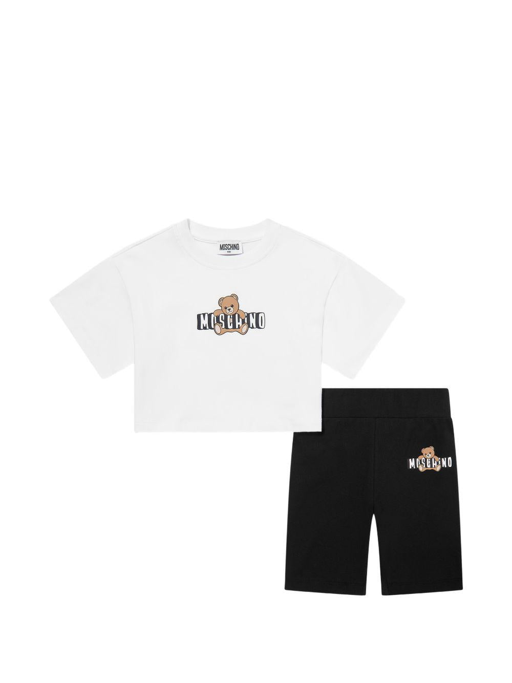Set t-shirt e shorts per bambina Moschino Kids bianco e nero con motivo Teddy Bear HAG01HLBA00 80359 MOSCHINO KIDS 