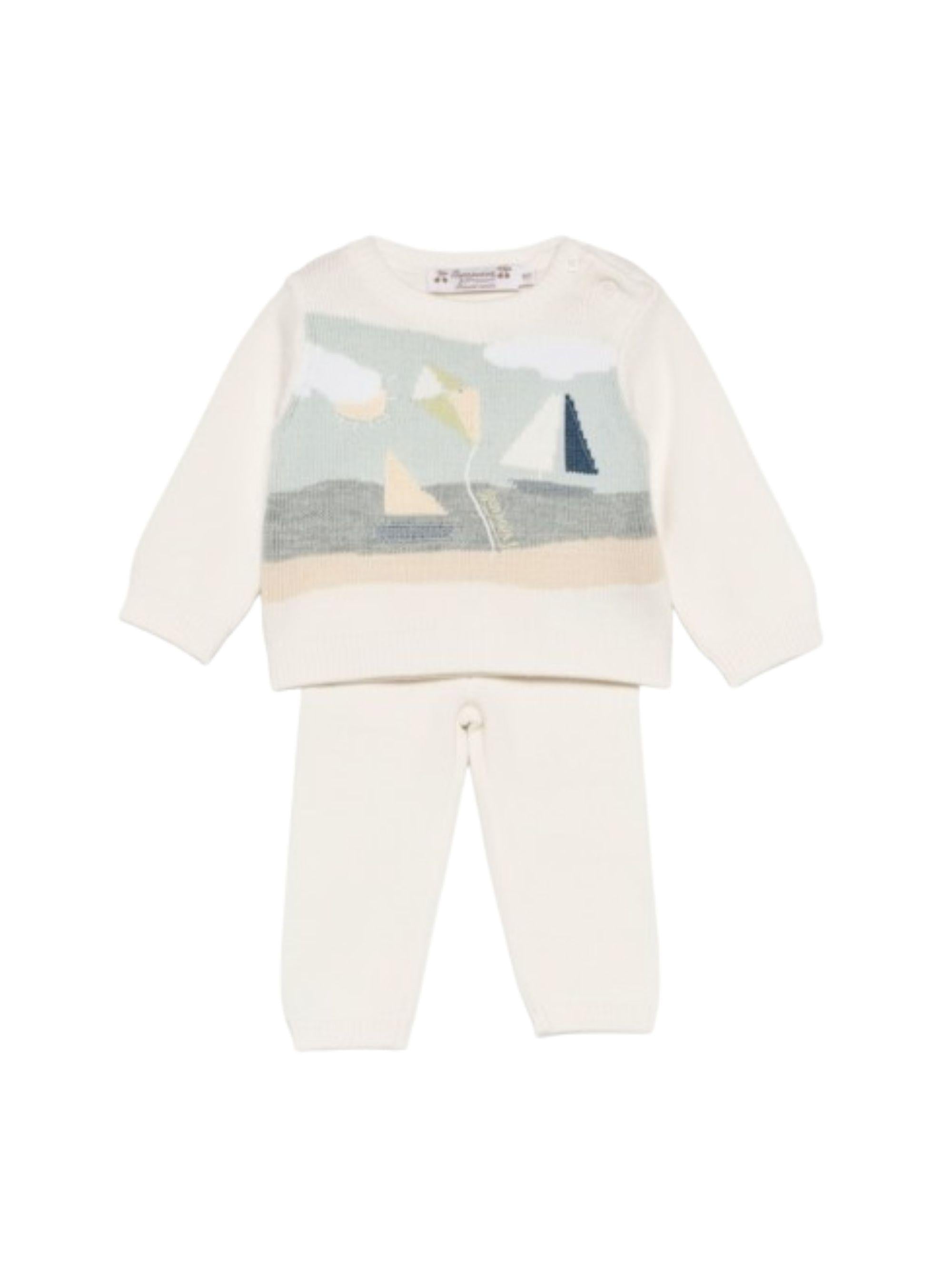Completo due pezzi maglioncino e pantaloni per neonato Bonpoint beige con disegno ricamato S06OSEK00006 902 BONPOINT KIDS 