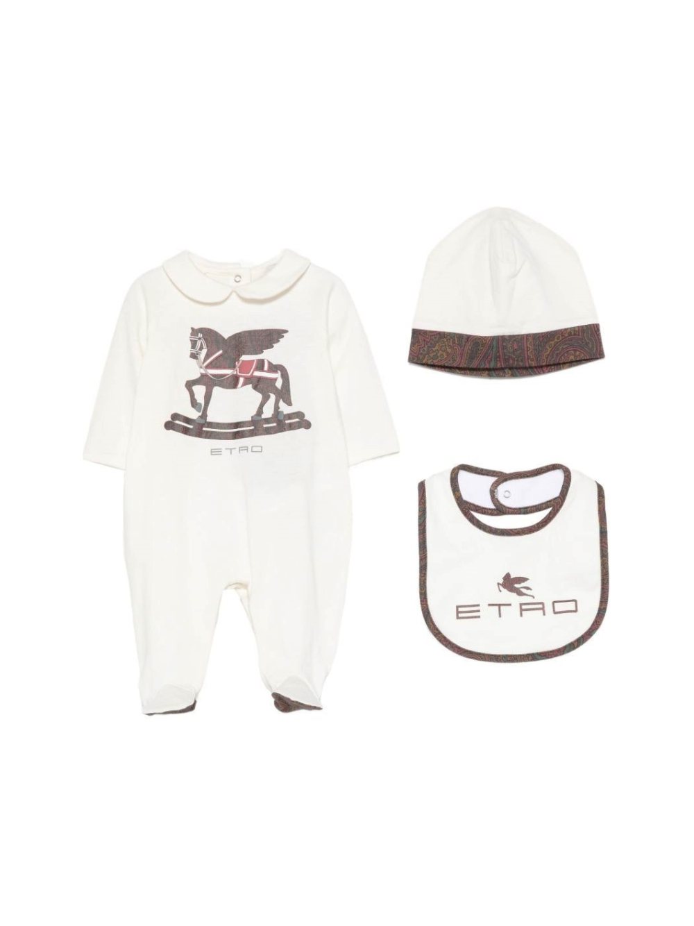 Set tutina cappellino e bavaglino per neonati Etro Kids bianco con Pegaso stampato sul davanti GZB550 Z3672 102 ETRO KIDS 