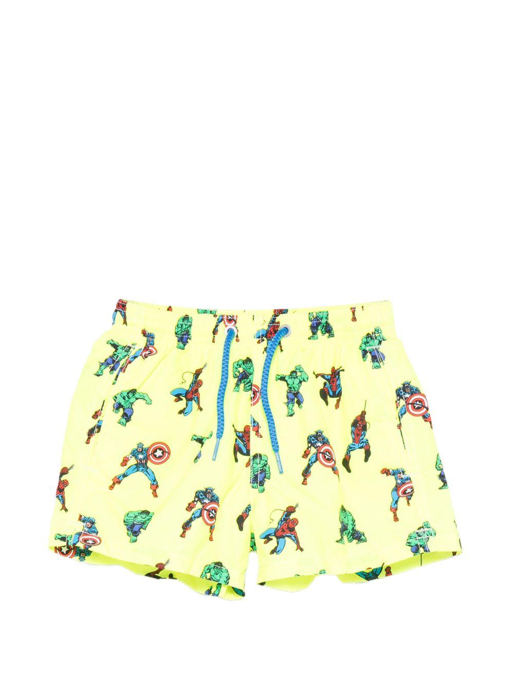 Costume per bambino MC2 Saint Barth Kids x Marvel verde con stampa grafica supereroi JEA0004 01639L MC2 ST. BARTH KIDS 