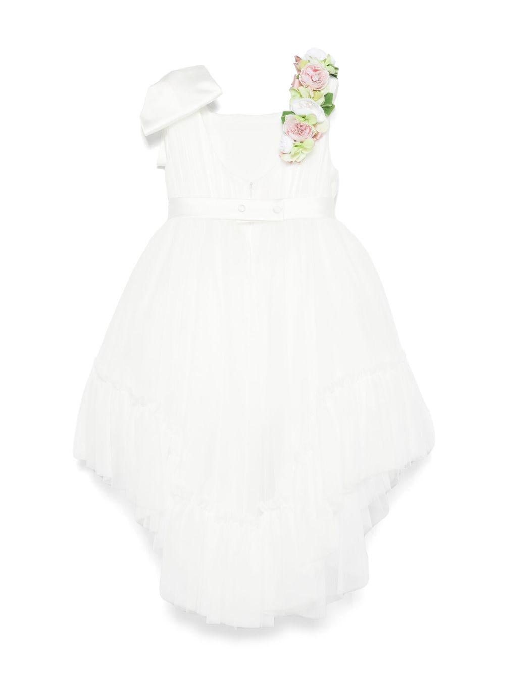 Abito per bambina Colorichiari bianco in tulle con fiocco e applicazione a fiori FL108002 4696 15 COLORICHIARI 