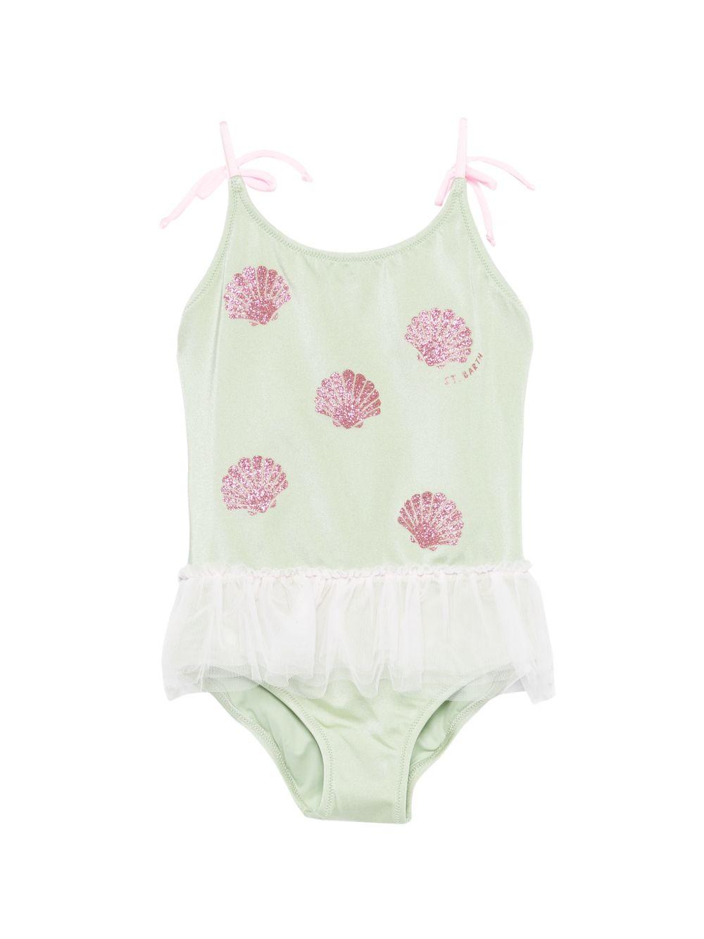 Costume intero per bambina MC2 Saint Barth Kids verde con stampa conchiglie DANC0001 03049L MC2 ST. BARTH KIDS 