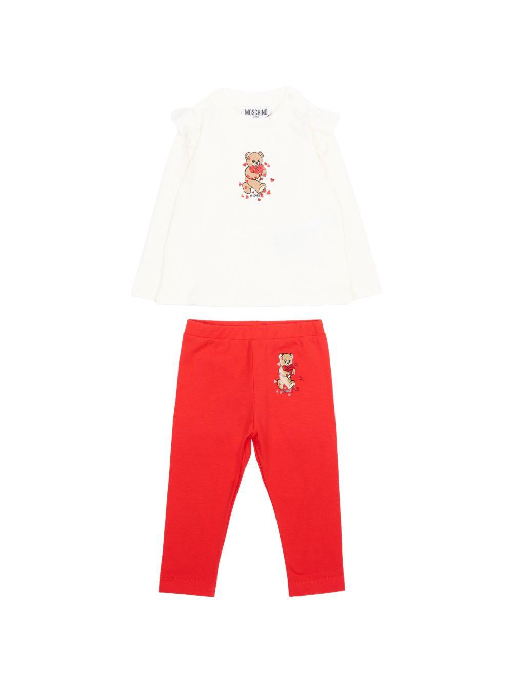 Completo t-shirt e pantaloni per neonata Moschino Kids bianco e rosso con motivo Teddy Bear MCK01XLBA11 83979 MOSCHINO KIDS 