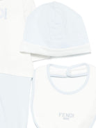 Set tutina, berretto e bavaglino per neonato Fendi Kids bianco e azzurro con dettaglio logo BUK139 ST8 F19J4 FENDI KIDS 