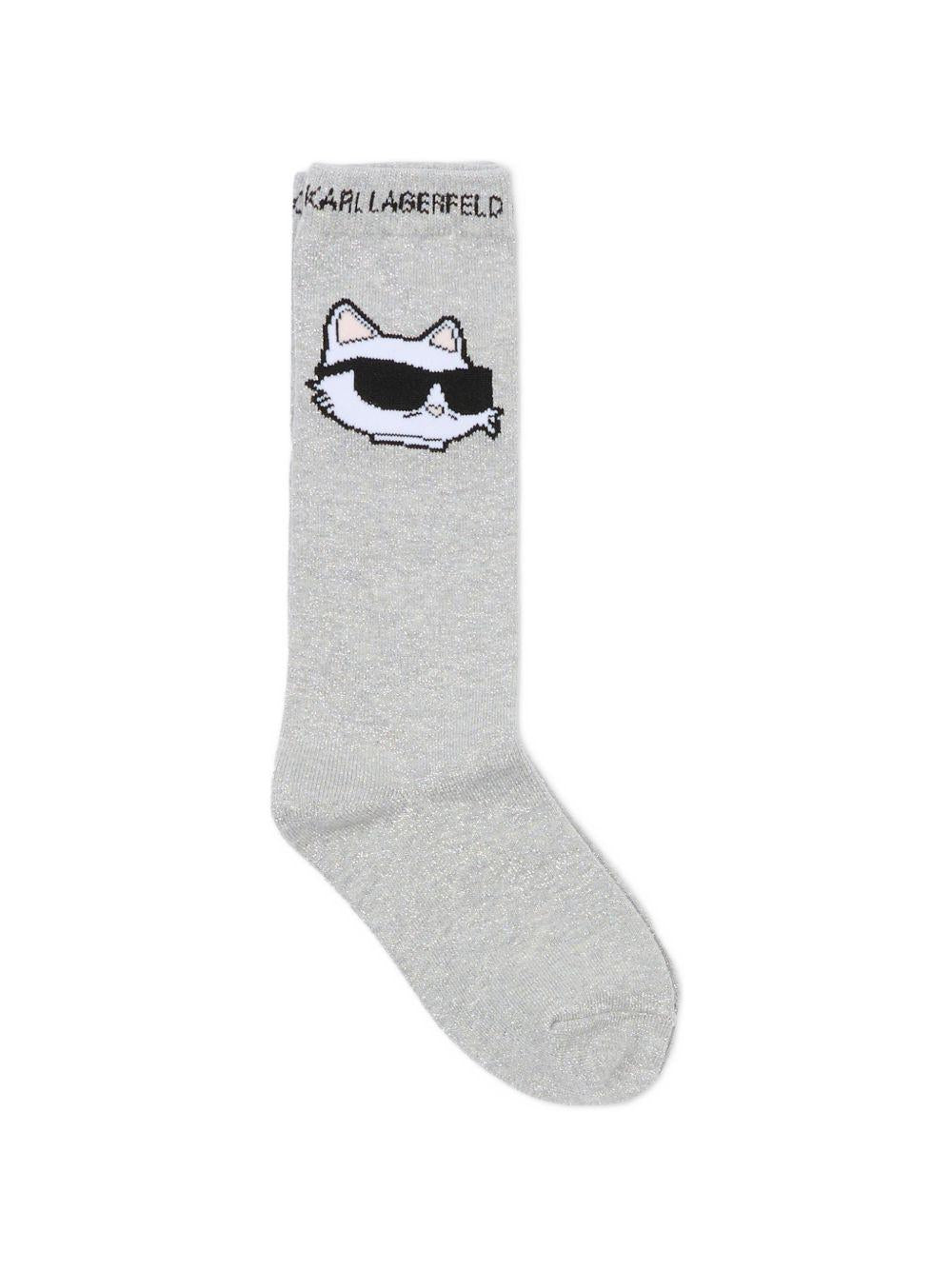 Calzini per bambina Karl Lagerfeld Kids bianco e grigio con stampa di gatti (set di due) Z31205 016 KARL LAGERFELD KIDS 