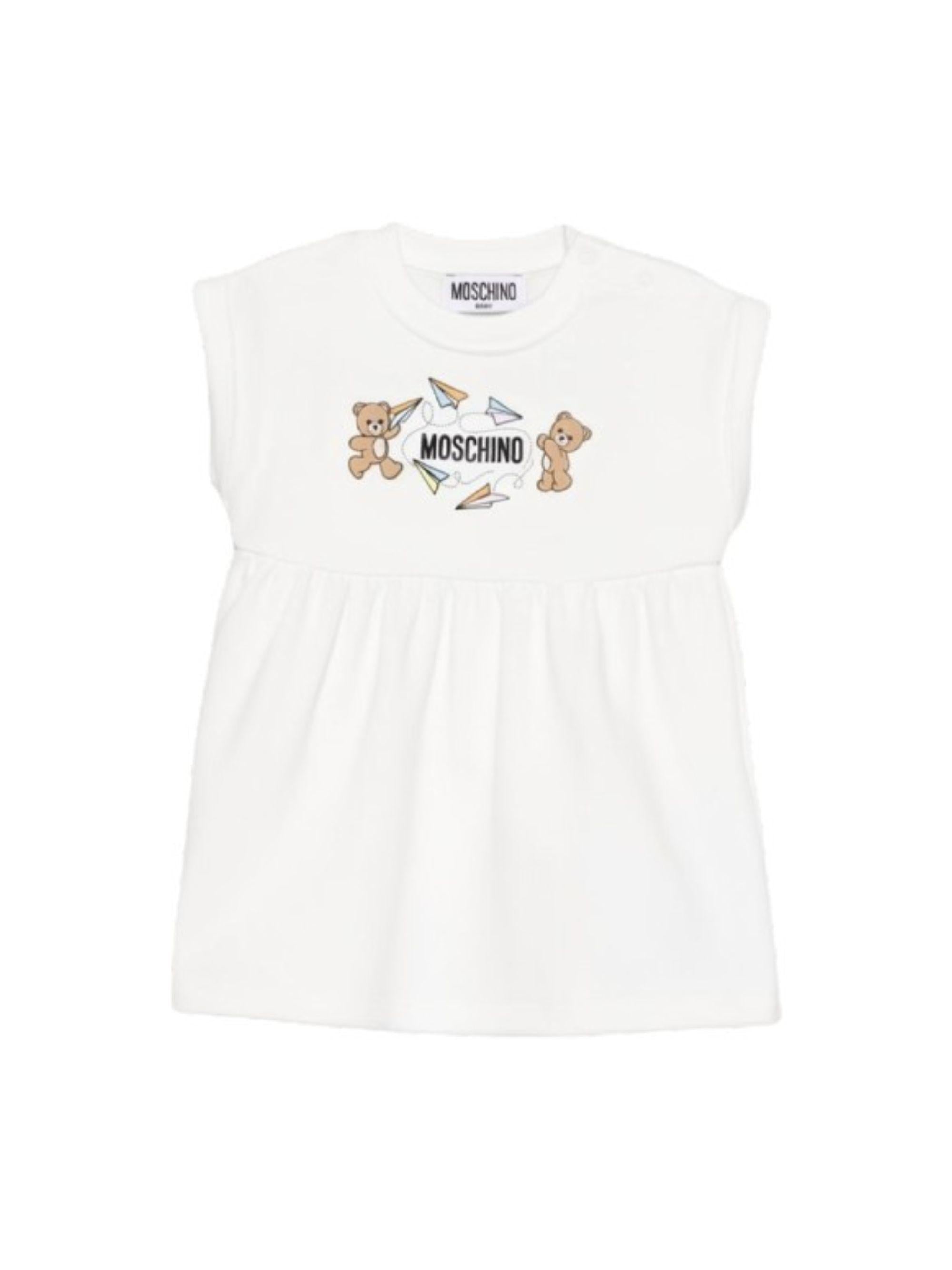 Abito per neonata Moschino Kids bianco con stampa due Teddy Bear MDV0DFLCA86 10063 MOSCHINO KIDS 