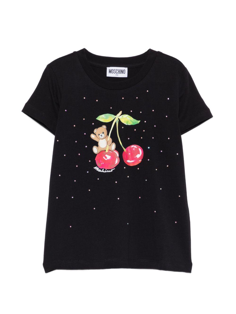 T-shirt per bambina Moschino Kids nera con stampa ciliegie HFM06KLBA10 60100 MOSCHINO KIDS 