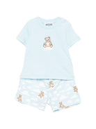 Set T-shirt e shorts per neonato Moschino Kids azzurro con stampa nuvole MUG01QLLB61 83679 MOSCHINO KIDS 