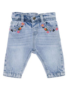 Jeans con ricamo a fiori per neonarto Moschino Kids azzurro con passanti MDP03BL0E34 40213 MOSCHINO KIDS 