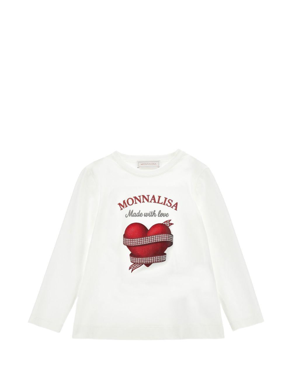 T-shirt per bambina Monnalisa Kids bianca a maniche lunghe con stampa a cuori 11H625 8201 0001 MONNALISA KIDS 