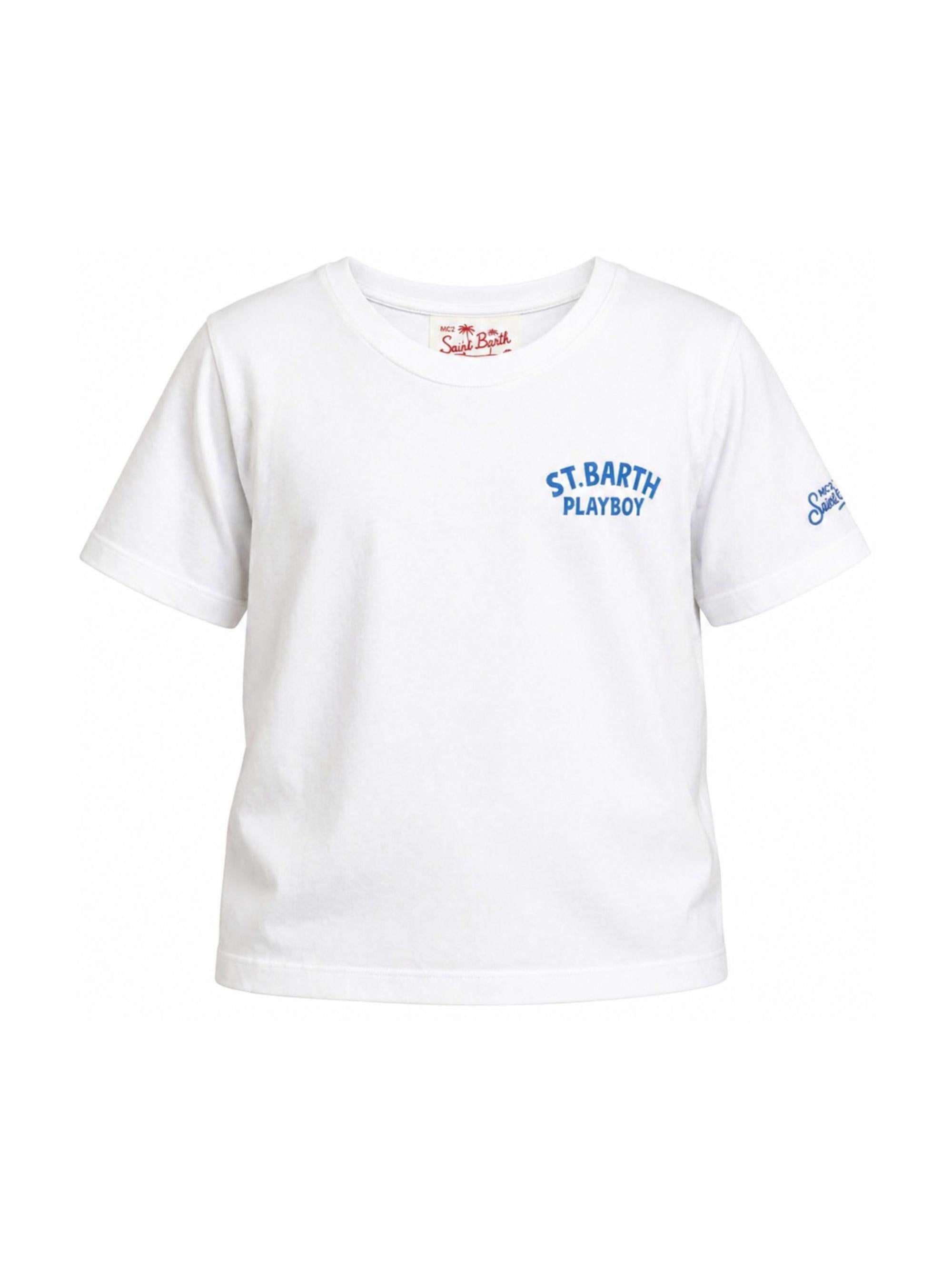 T-shirt per bambino MC2 Saint Barth Kids bianca con scritta "St. Barth Playboy" sul davanti PRL0001 00319L MC2 ST. BARTH KIDS 