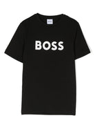 T-shirt per bambino BOSS Kidswear nero con logo goffrato bianco J25P24 09B BOSS KIDS 