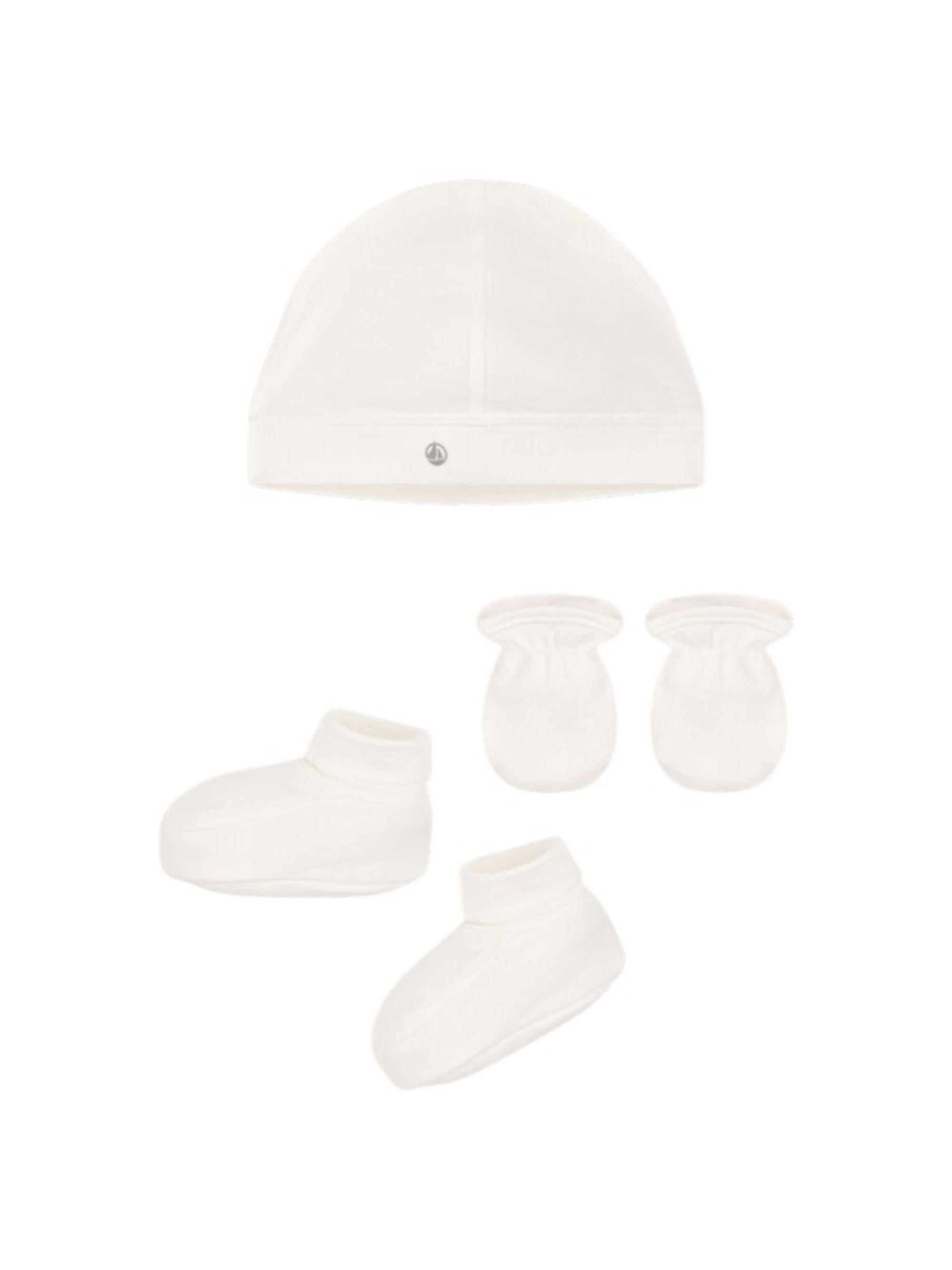 Set cuffietta nascita, muffole e babbucce per neonati Petit Bateau bianco con logo sul davanti A0AS0 00 PETIT BATEAU 