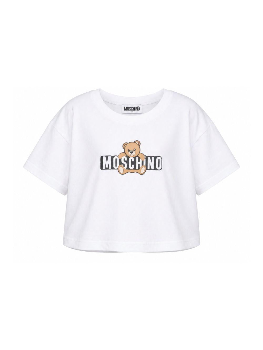 T-shirt per bambina Moschino Kids bianca con stampa Teddy Bear HDM072LBA00 10101 MOSCHINO KIDS 