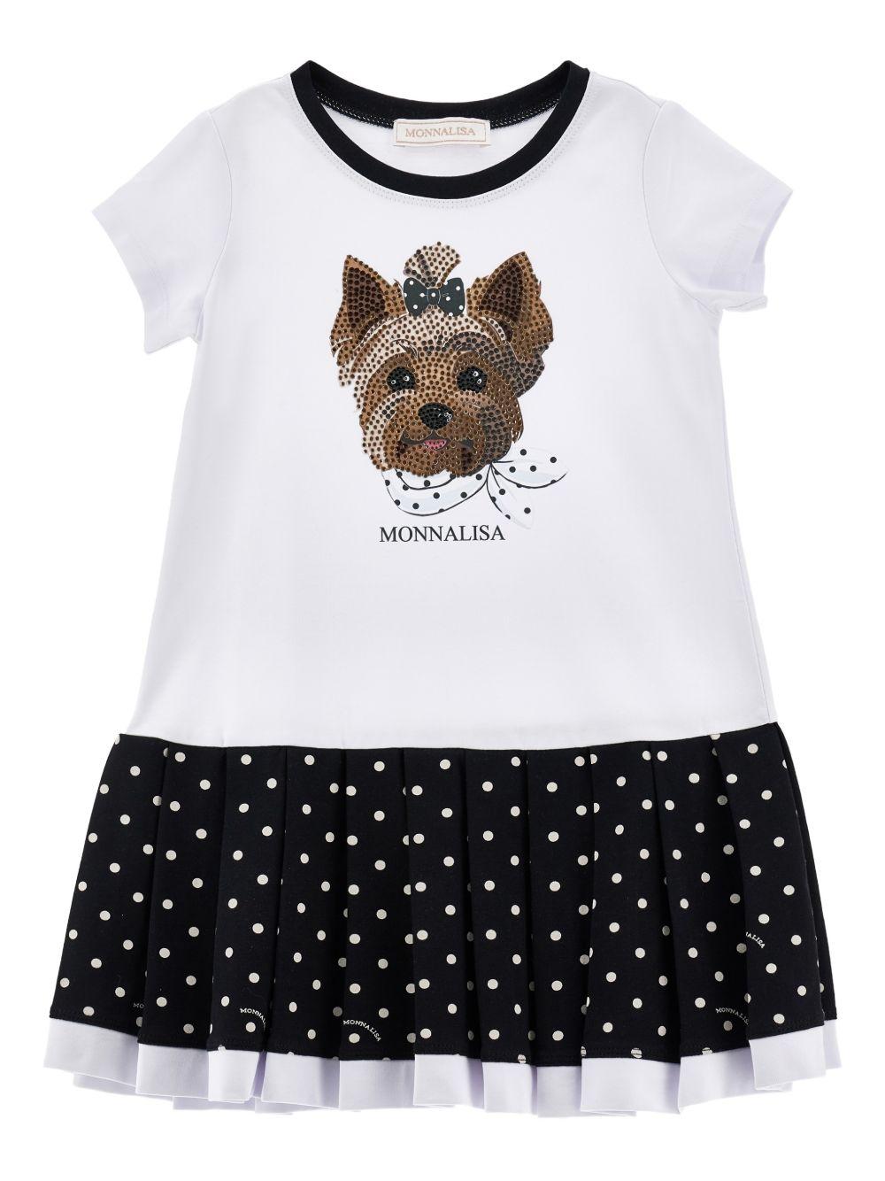 Abito per bambina Monnalisa bianco e nero con stampa cagnolina 19G919 7032 9950 MONNALISA KIDS 
