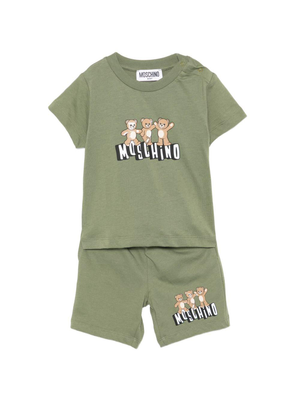 Set t-shirt e shorts per neonato Moschino Kids verde con stampa Teddy MXG00MLAA17 30037 MOSCHINO KIDS 