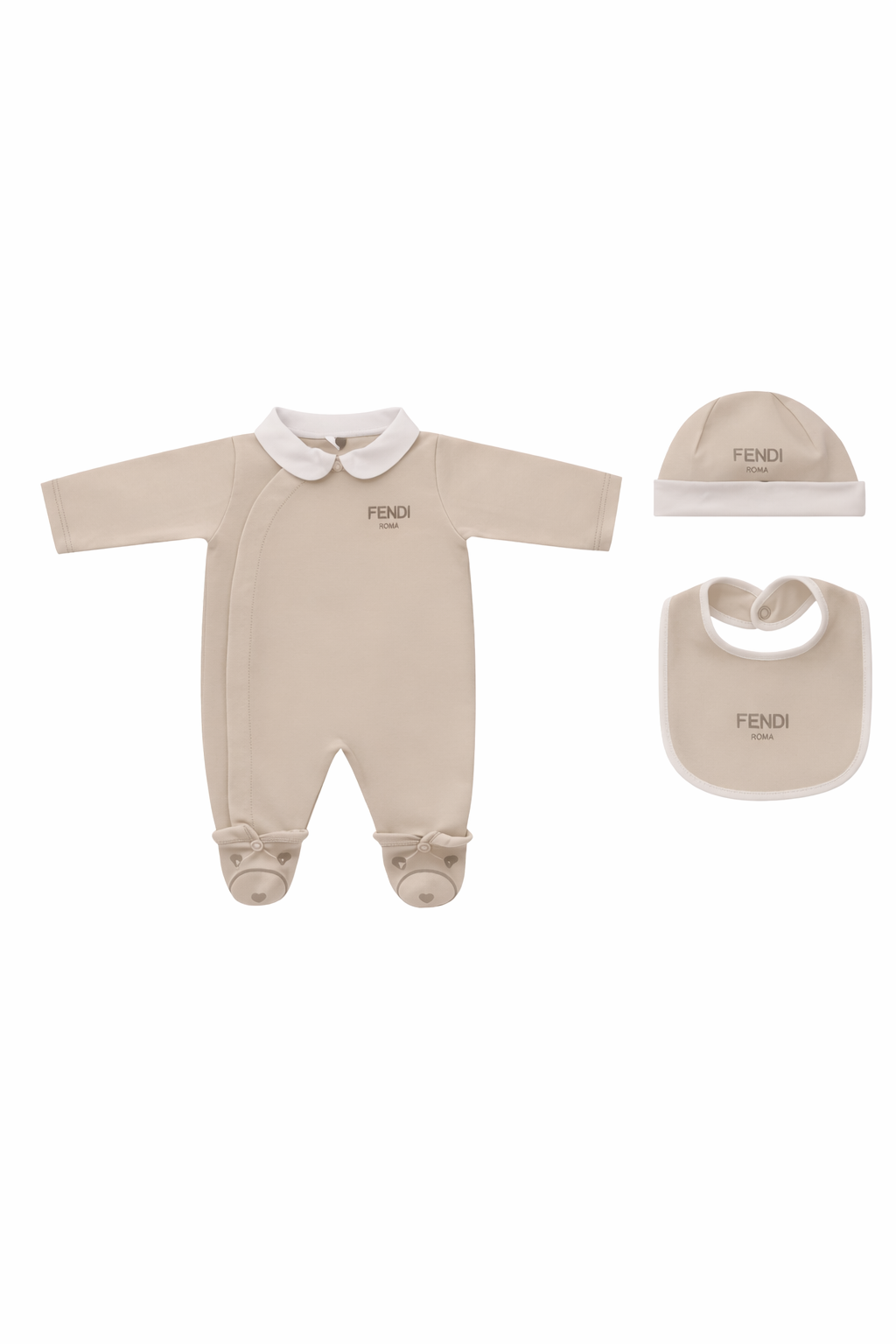 Set tre pezzi per neonata Fendi Kids beige con logo Fendi BUK154 ST8 F19J5 FENDI KIDS 