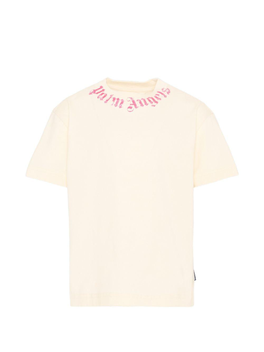 T-shirt per bambina Palm Angels Kids bianco con logo fucsia sul davanti PGAA002S26JER005 002 PALM ANGELS KIDS 
