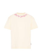 T-shirt per bambina Palm Angels Kids bianco con logo fucsia sul davanti PGAA002S26JER005 002 PALM ANGELS KIDS 