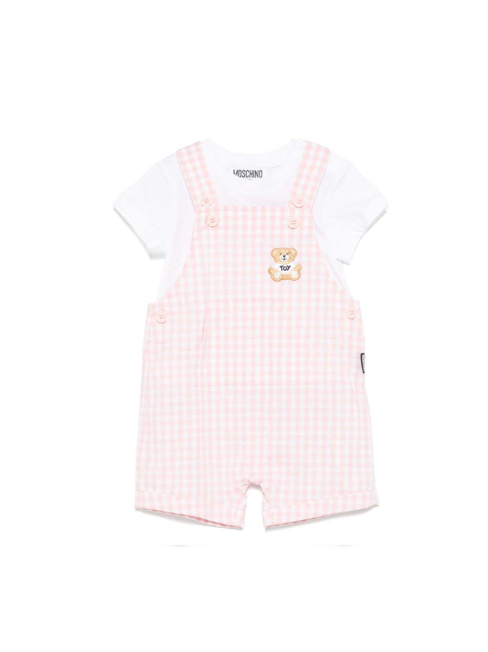 Salopette a quadretti per neonata Moschino Kids rosa con tasca frontale a marsupio MUG01DLME05 85010 MOSCHINO KIDS 