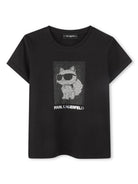 T-shirt con stampa grafica per bambina Karl Lagerfeld Kids nero con girocollo Z30489 09B KARL LAGERFELD KIDS 