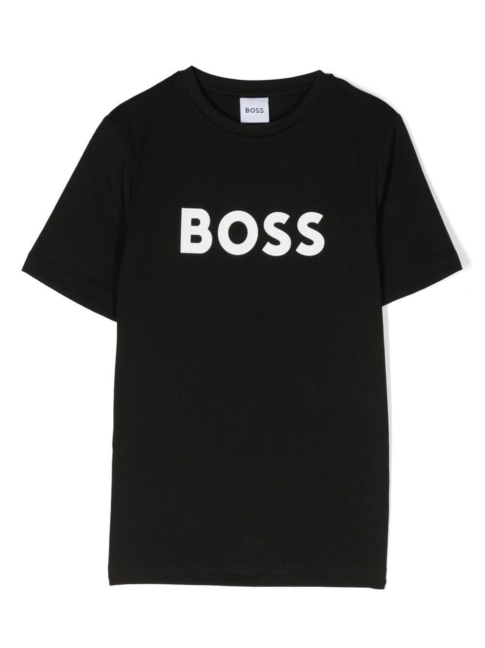 T-shirt per bambino BOSS Kidswear nero con logo goffrato bianco J25P24 09B BOSS KIDS 