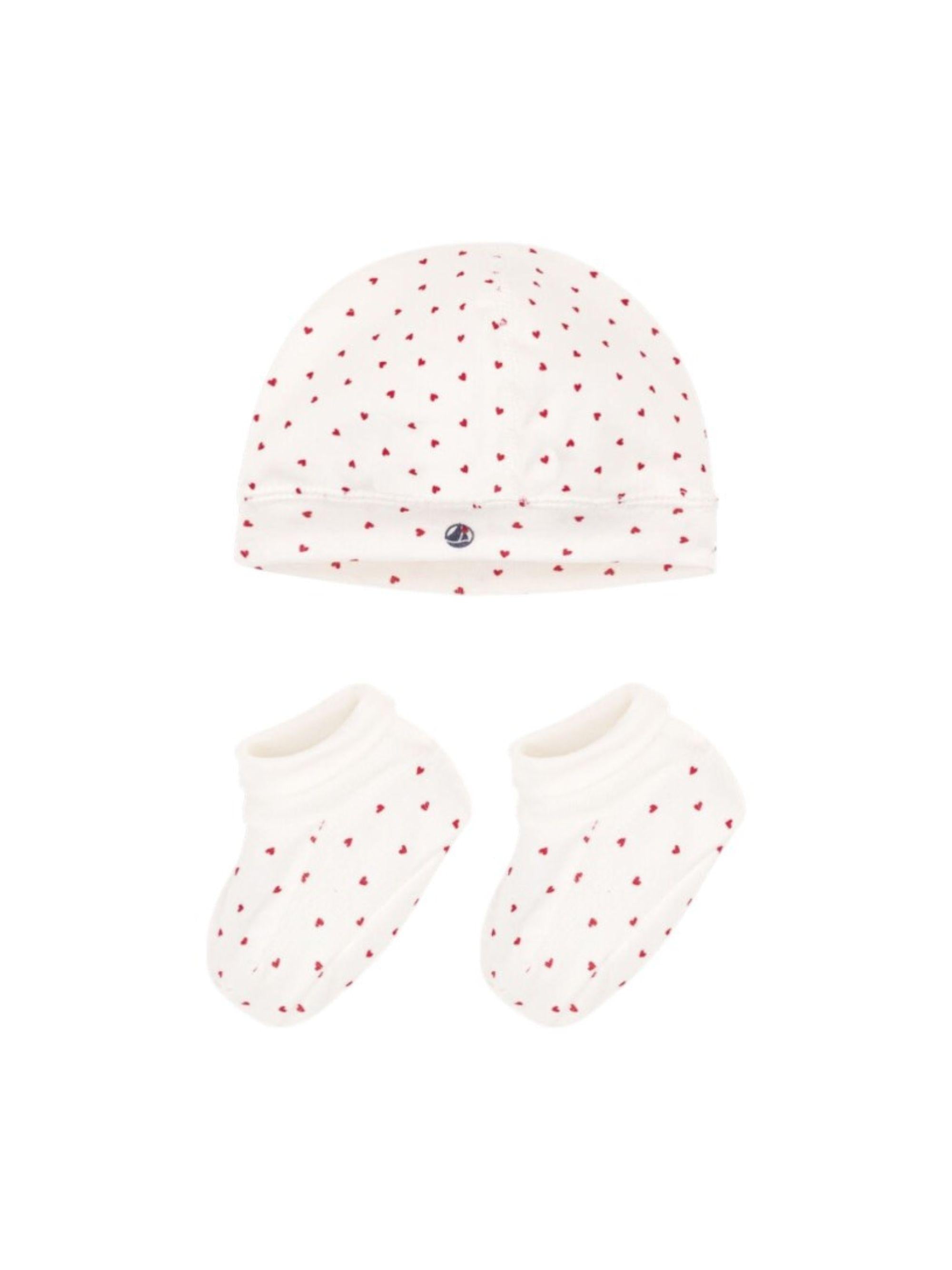Set cuffietta e babbucce per neonati Petit Bateau bianco con stampa cuoricini all-over A0ARZ 00 PETIT BATEAU KIDS 