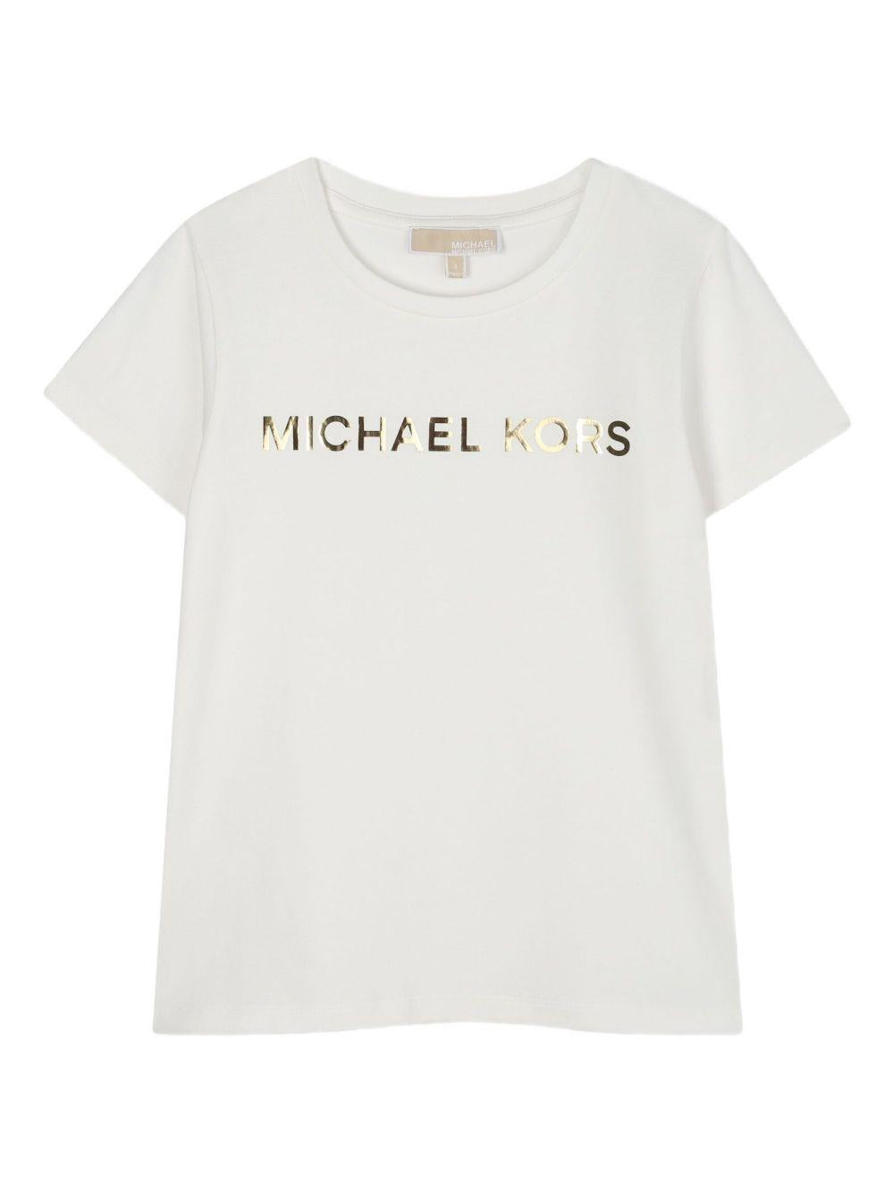 T-shirt per bambina Michael Kors Kids bianco con logo dorato R30492 117 MICHAEL KORS KIDS 