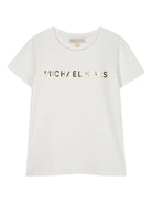 T-shirt per bambina Michael Kors Kids bianco con logo dorato R30492 117 MICHAEL KORS KIDS 