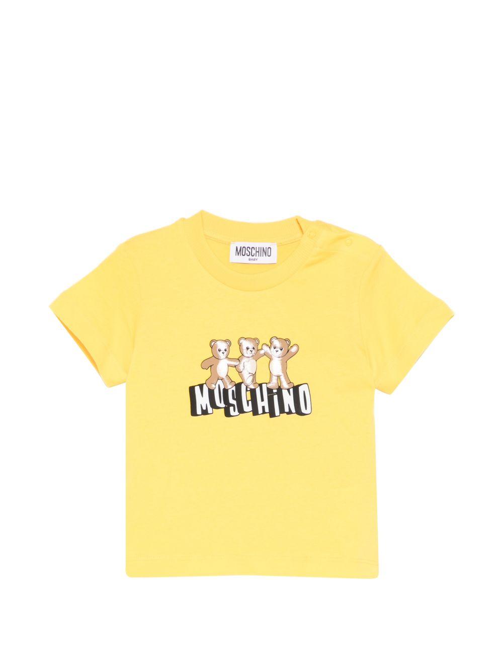 T-shirt per neonati Moschino Kids gialla con stampa grafica con tre Teddy Bear MUM04KLAA17 50577 MOSCHINO KIDS 