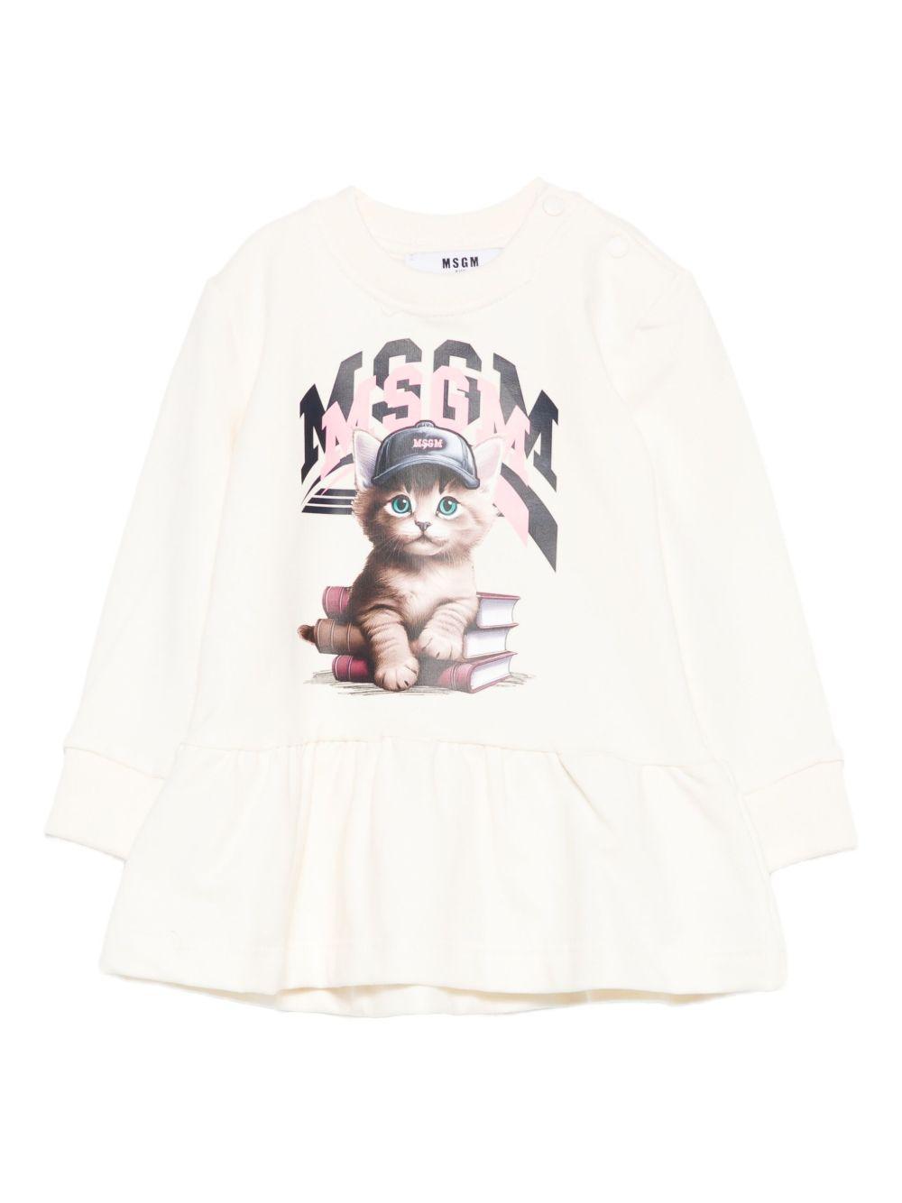 Abito per neonata MSGM Kids bianco con stampa gatto F5MSNGDR289 013 MSGM KIDS 