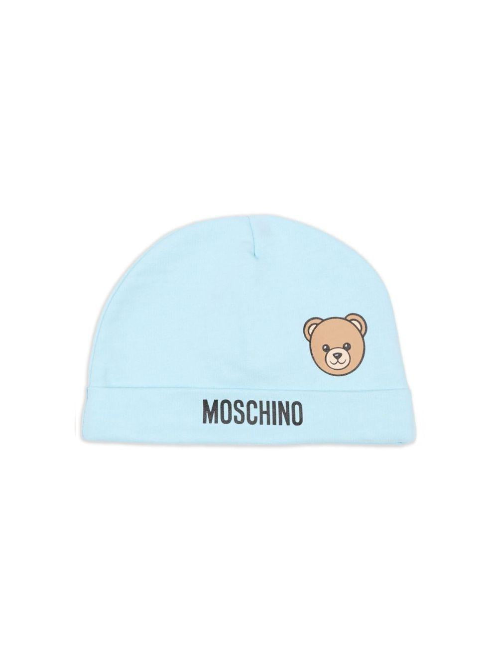 Berretto per neonato Moschino Kids azzurro con motivo orsetto MUX05ULCA19 40304 MOSCHINO KIDS 
