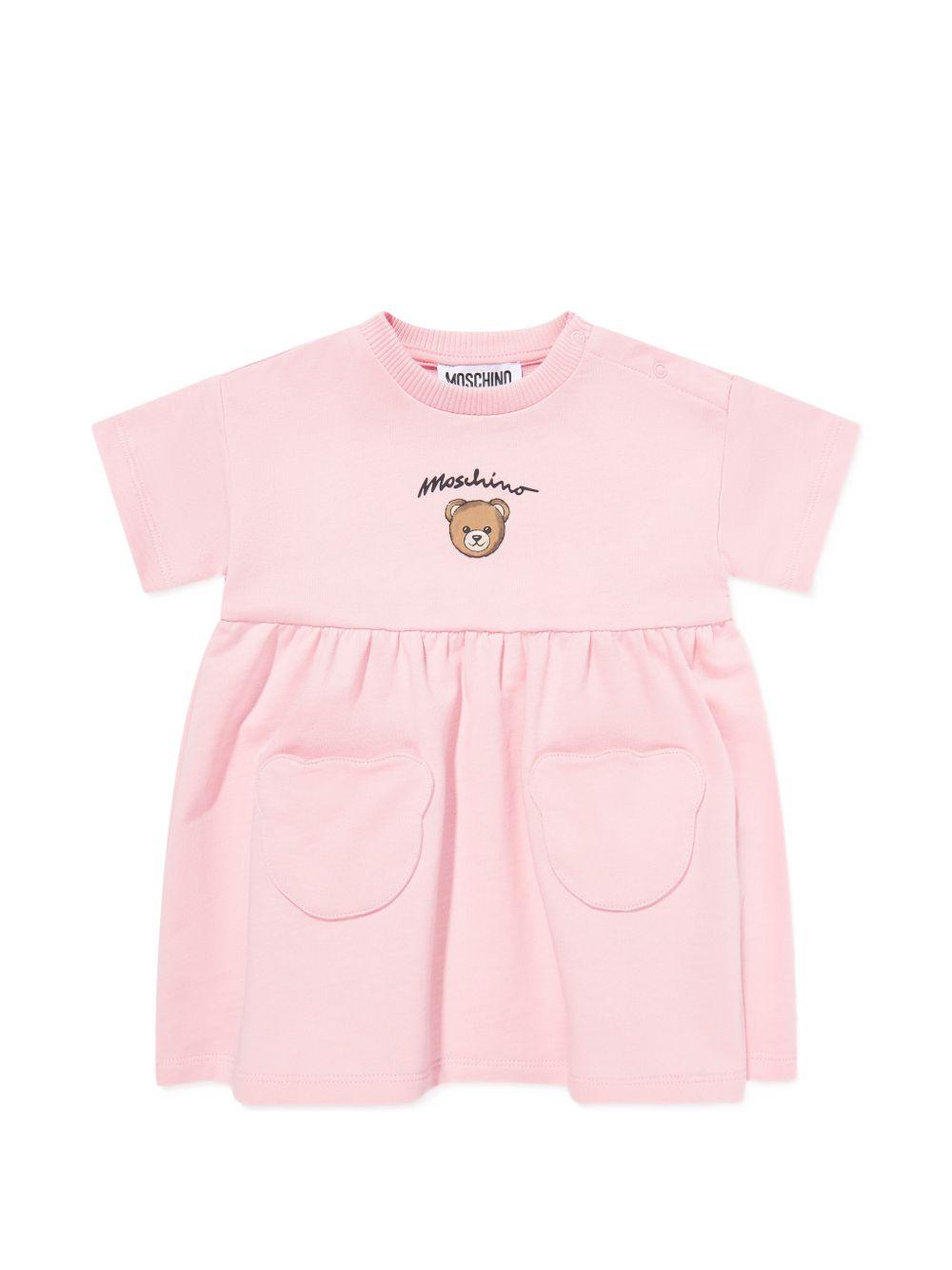 Abito per neonata Moschino Kids rosa con stampa Teddy Bear sul davanti MDV0DGLCA19 50209 MOSCHINO KIDS 